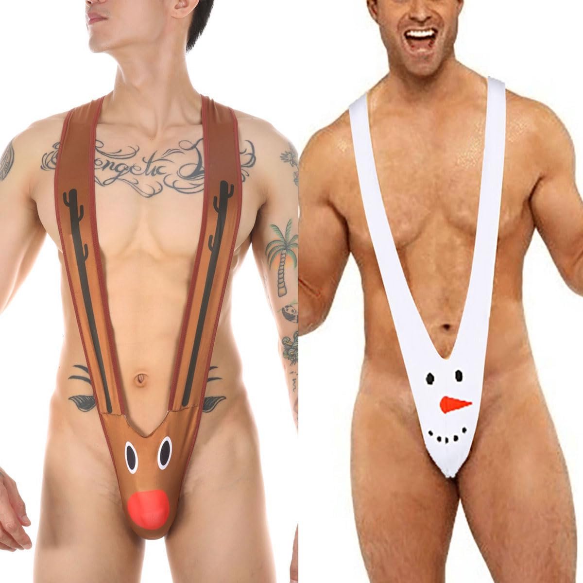 Mankini voor heren, sexy string, badpak voor Kerstmis, Halloween, kerstman, set van 2 stuks, sneeuwpop en hert, bruin, Set van 2, meerkleurig - 01, one size