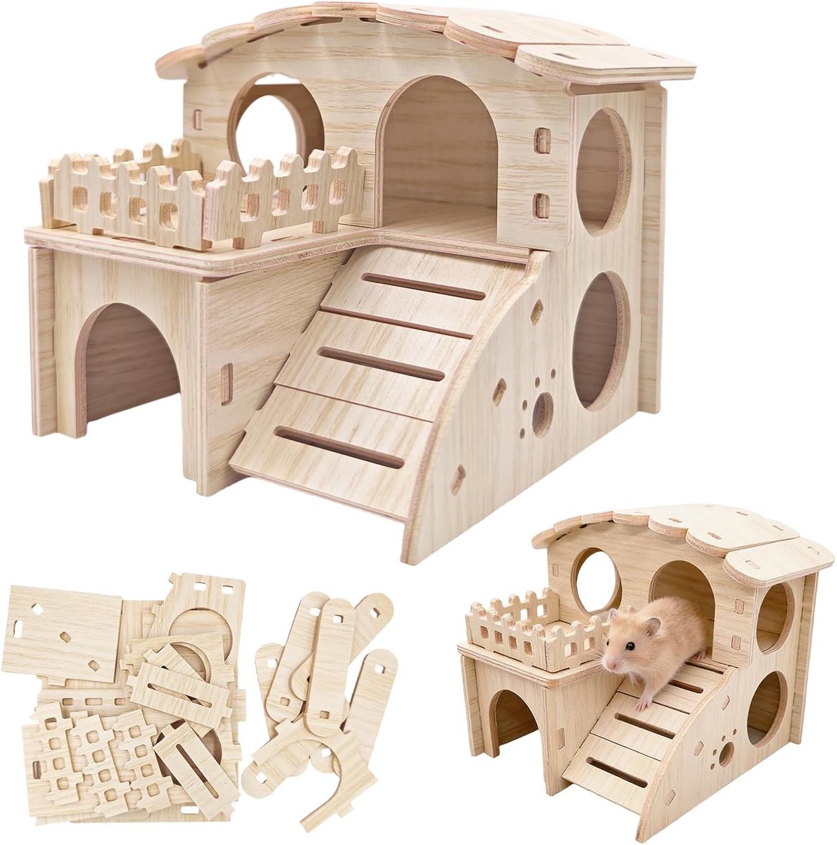 Houten hamsterhuis, hamsters, kleine hamsters, speelgoed, accessoires voor cavia's, chinchilla's, dwerghamsters, gerbils, verstopplaats (14 x 13 x 12,5 cm)