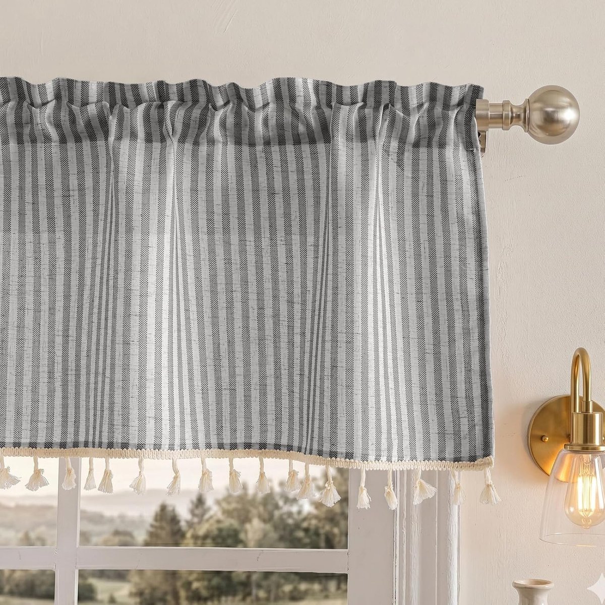 Gordijnen keuken, vitrages landelijke stijl gestreept kort gordijn, geen boren, eenvoudig te installeren voor privacy, lichtfiltering, enkel (zwart-H 43 x B 132 cm, 1 stuks)