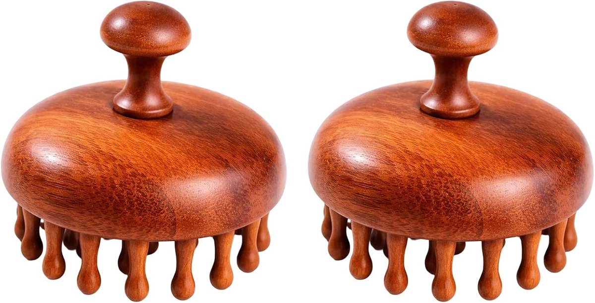 Hoofdmassageborstel, 2 stuks, hoofdhuidmassageapparaat voor droog en nat haar, vermindert roos, stimuleren de haargroei, hoofdhuid, massageboestel van sandelhout met handvat voor vrouwen en mannen