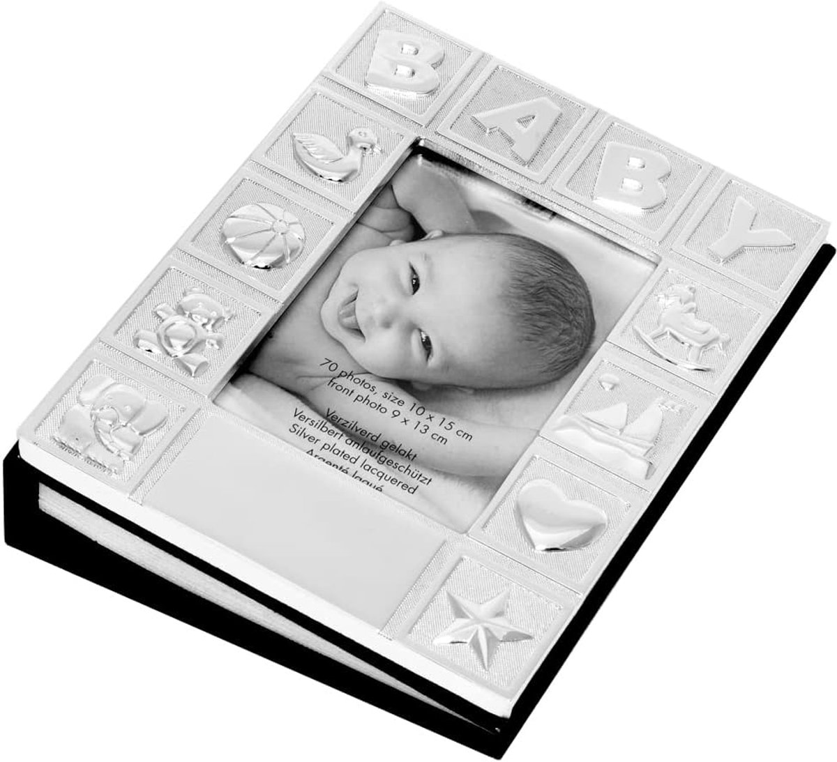 fotoalbum baby verzilverd aanslagvrij babyfoto boek met fotolijst fotoboek voor 70 foto's insteekalbum 10 x 15 cm voor doop geboorte gravure, maten naam: gravure 25 tekens