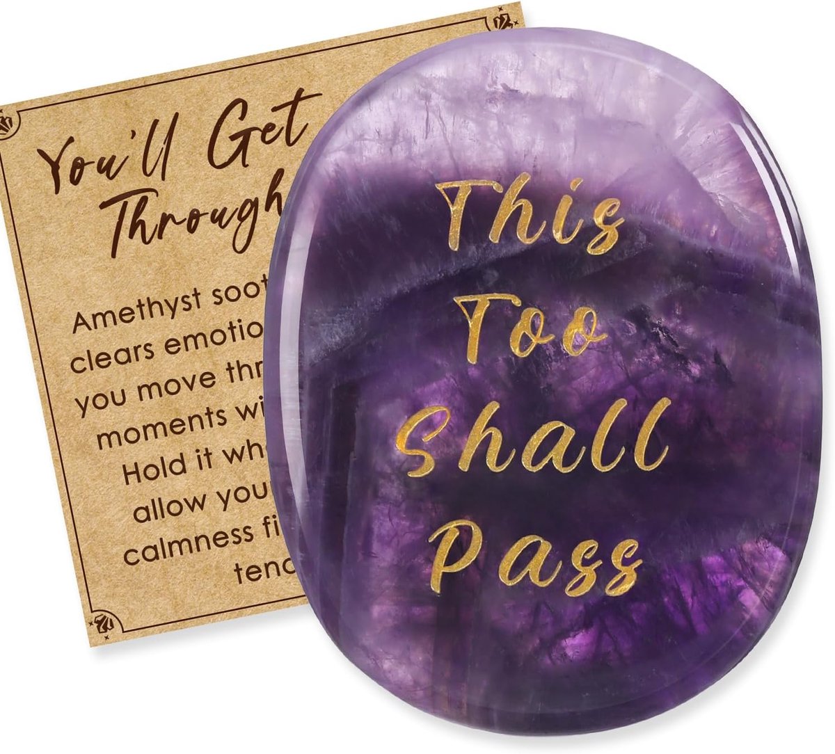 amethistkristal zorgensteen met gravure "this too shall pass" edelsteen handbedel van natuursteen spiritueel kristal steen mindfulness cadeau