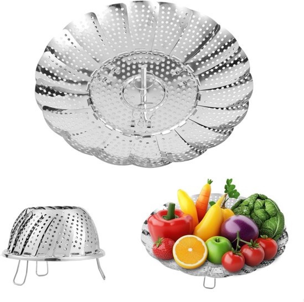 Stoommand Groente - Opvouwbare Steamer - Gezond Koken - Verstelbaar Formaat - 55 tot 9 inch - Zilverkleurig