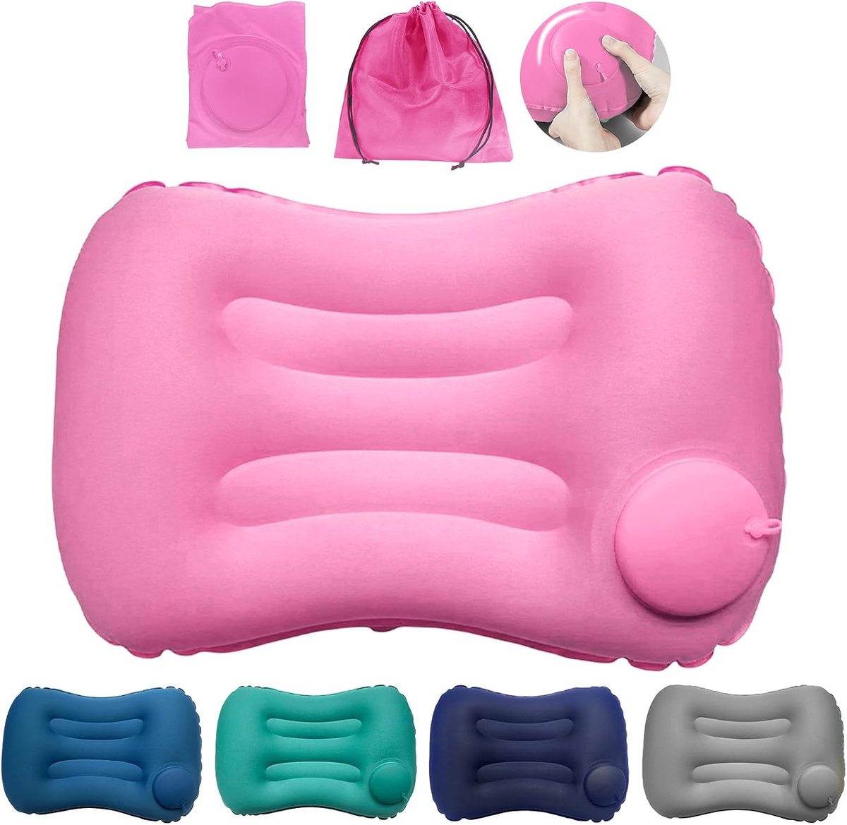 Opblaasbaar reiskussen met geïntegreerde pomp, ergonomisch nekkussen van melkzijde, licht en compact, reisaccessoires voor camping, vliegtuig, auto en strand (roze)