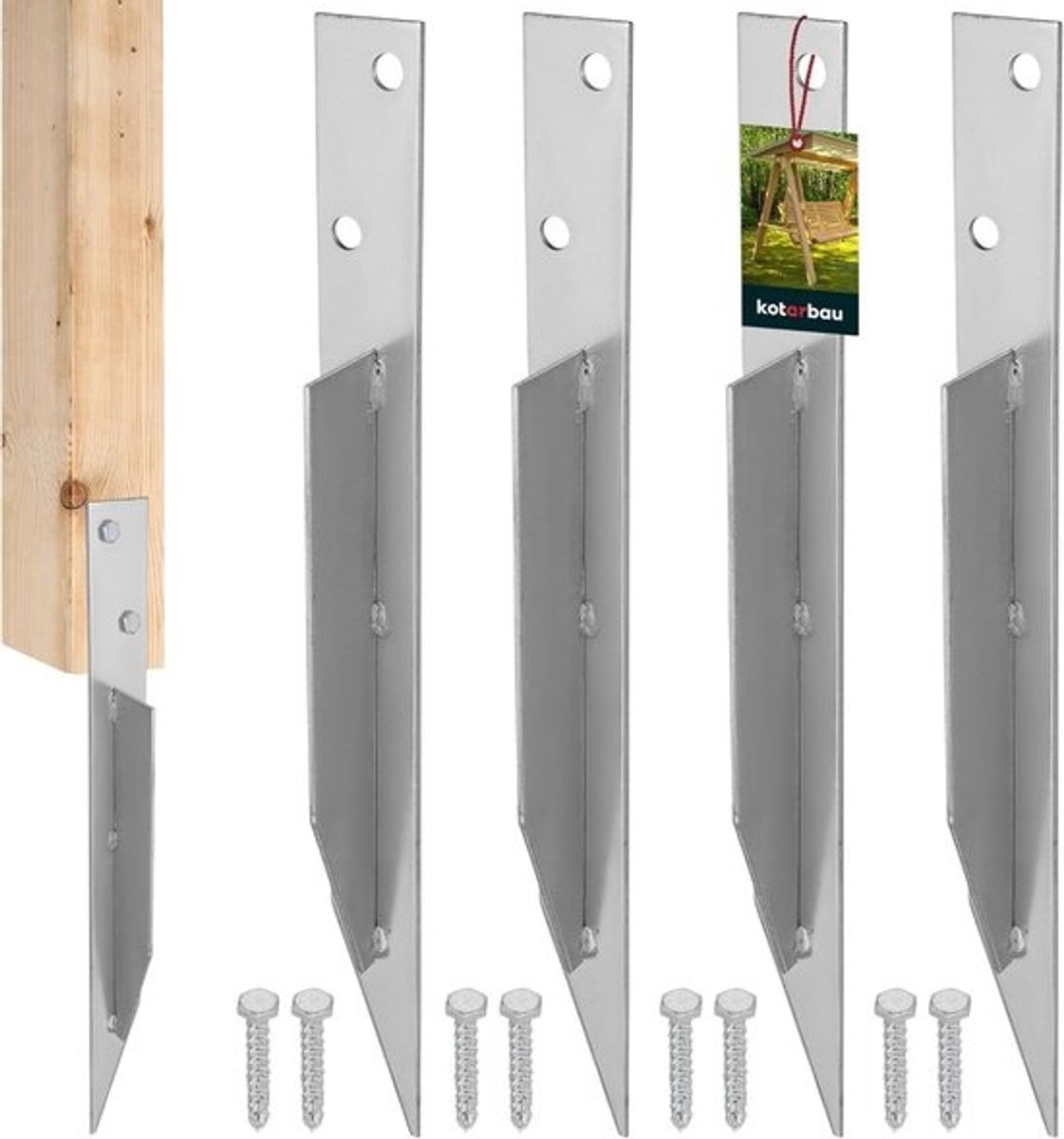 Universele grondankers voor schommels - 4 stuks + 8 schroeven, 44.5 x 4 cm, verzinkt staal