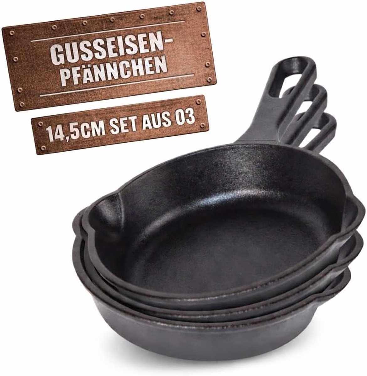 Gietijzeren pannetjes, set van 3, gietijzeren pan, grillpan, grillpannetje, diameter 14,5 cm, elk 250 ml, klein