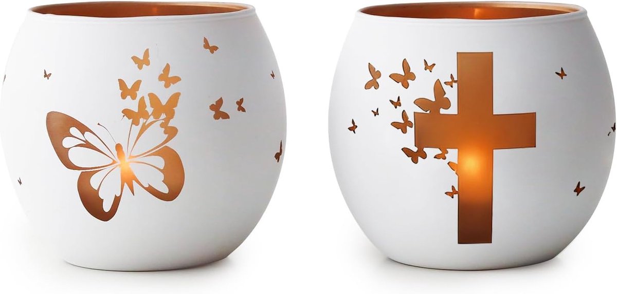 Geschenken voor mannen en vrouwen, vlinderkruis theelichthouders set van 2, christelijke doop, bevestiging en herdenkingssouvenir - wit paas tafelcentrumstuk en spirituele decoratie