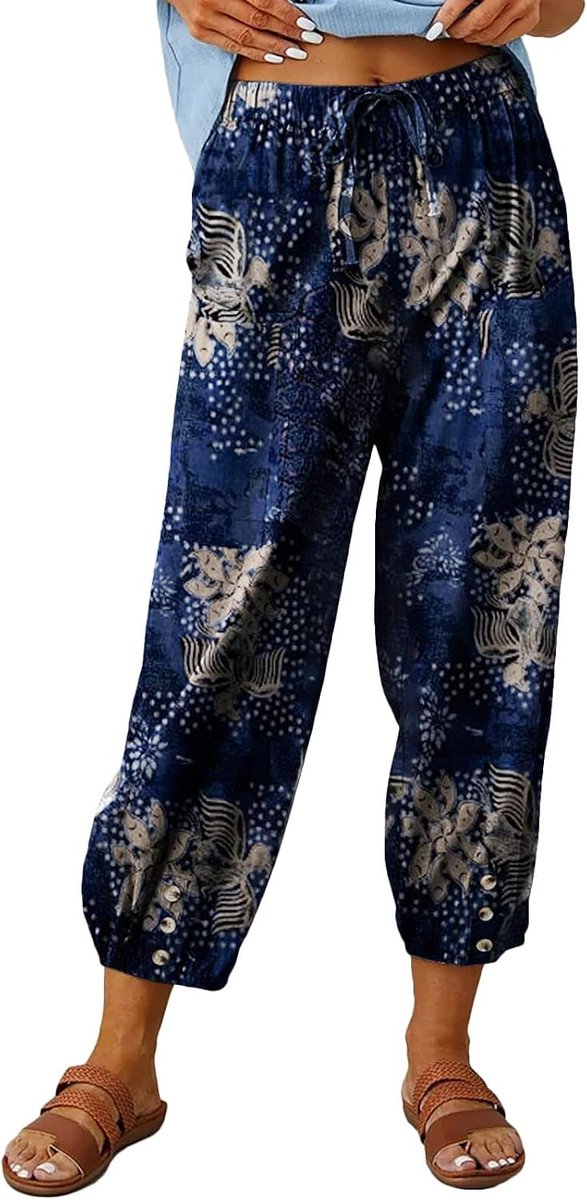 Zomerbroek Dames Lichtgewicht 7/8 Linnen Broek Losse Casual Broek Dames Wijde Harem Broek Taille Rechte Been Broek Stoffen Broek Jogging Broek Yoga Broek met Zakken