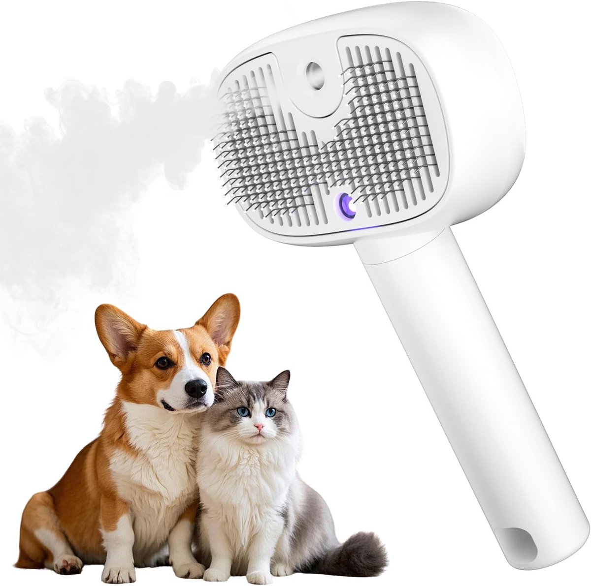 3-in-1 kattenborstel met stoom, één klik - vrijgave zelfreinigende trekborstel voor huiskatten, oplaadbaar, antistatische kammenborstel voor lang en kort haar kat / hond, wit