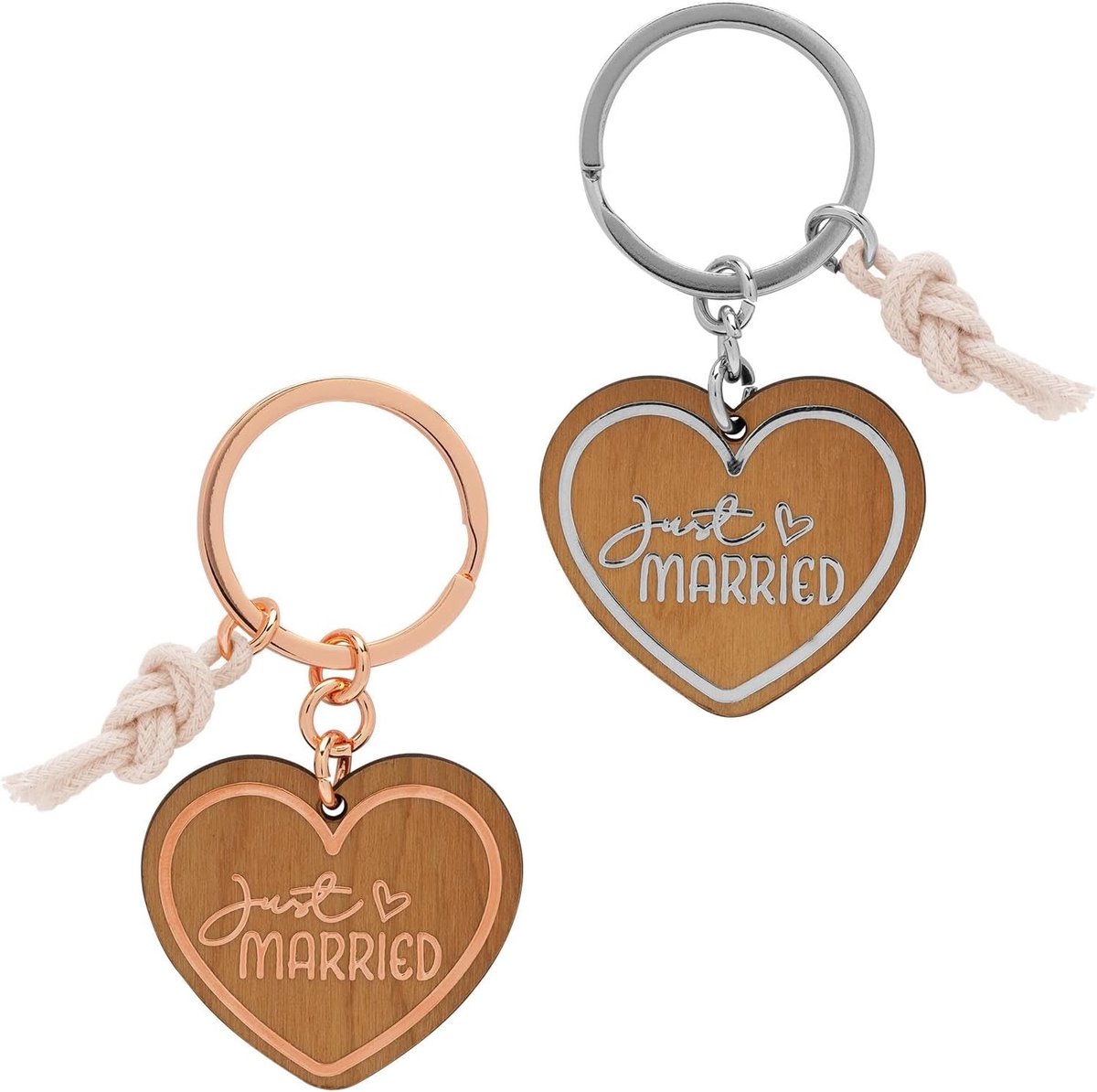 & CO Sleutelhanger Just Married | hangerset met 2 houten hangers, bedels en sleutelring | cadeau voor koppels, huwelijkscadeau | 48559, Meerkleurig, Lenght 7 cm, Motief "Just Married"