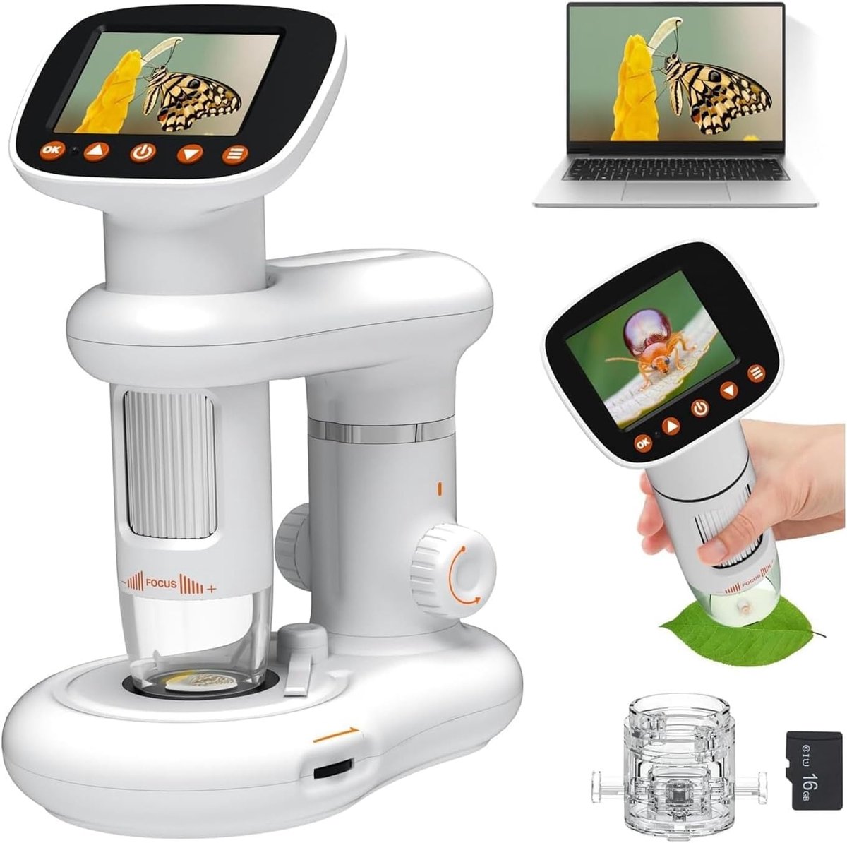 Digitale microscoop voor kinderen met HD-display, 50 x 1000 x verstelbare look en dubbel ledlicht, inclusief accessoires voor het observeren van insecten, planten en monsters, 16 GB, SD-kaart