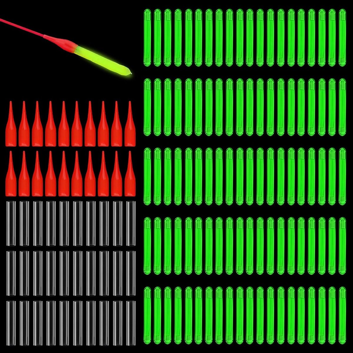 150 stuks Glow Sticks voor vissen, 4,5 x 39 mm, sterrenlicht voor hengel met rode kop + transparante buis, voor nachtvissen, vissen in de open lucht, dagelijks gebruik (groen)