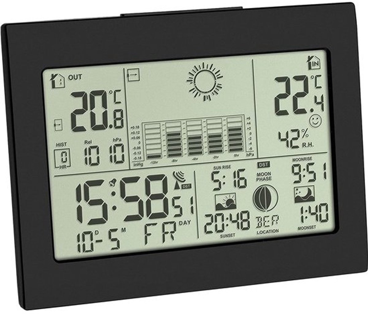 Weerstation - Weercomputer Binnen Buiten - Weer Voorspellen - Interactieve Symbolen - 158 x 123 mm - Zwart