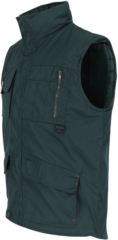 Donkergroene bodywarmer met opgestikte zakken, ritsen en oranje accenten.