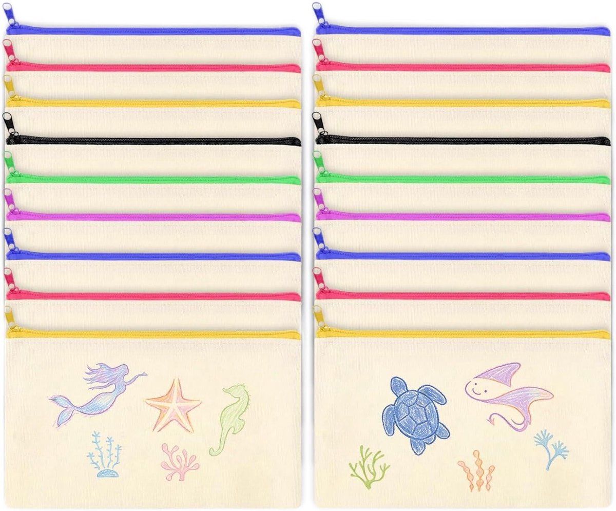 18 stuks stoffen zakjes om te beschilderen klein, stoffen etui met 8 schildersjablonen over zee, blanco stoffen zak canvas, stoffen etui met ritssluiting, 21 x 12 cm, voor doe-het-zelf, werk, school
