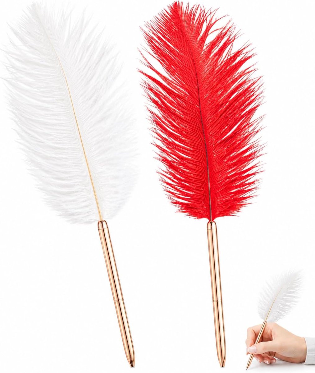 Set van 2 veerpennen, balpen voor bruiloft, gastenboek, gouden schacht, creatieve handtekenstift (1 x wit, 1 x rood) voor kantoor, vintage decoratie en geschenken