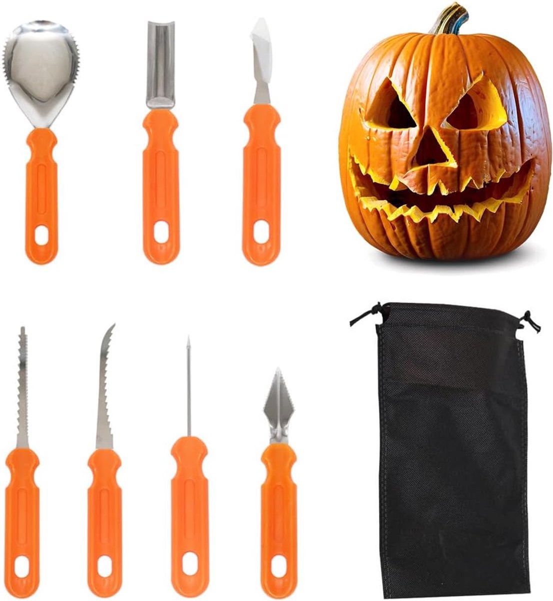 Pompoen-snijset, 7 stuks pompoensnijset, doe-het-zelf Halloween-decoratie, roestvrij staal, pompoen-snijgereedschap voor kinderen en familie