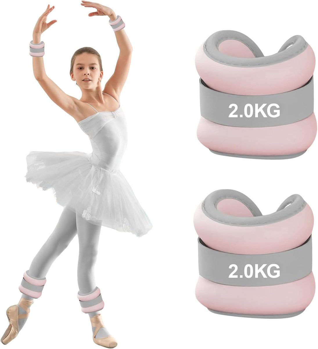 Gewichten voor benen en armen, enkelgewichten, set van 2 stuks (elk 0,3/0,5/0,75/1/1,5/2 kg), polsgewichten voor beginners en kinderen, pilates, joggen, yoga (roze, 2,0 kg)