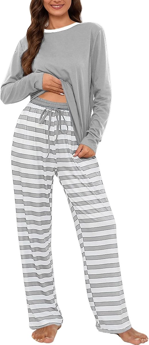 Pyjama dames katoenen pyjama set korte mouwen / lange mouwen nachtkleding tweedelig sleepwear soft loungewear huispak met gestreepte broek S-XXL