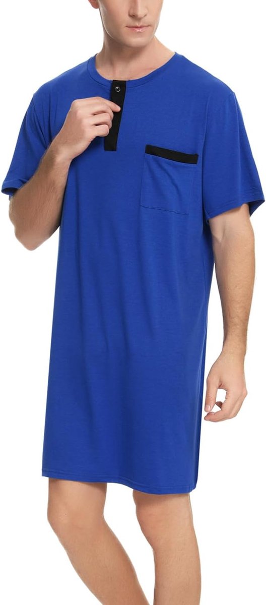 Nachthemd voor heren, katoenen pyjama met lange mouwen, korte mouwen, pyjama-bovenstuk, lang T-shirt, ronde hals met knopen, huiskleding, grote maat, zacht, comfortabel
