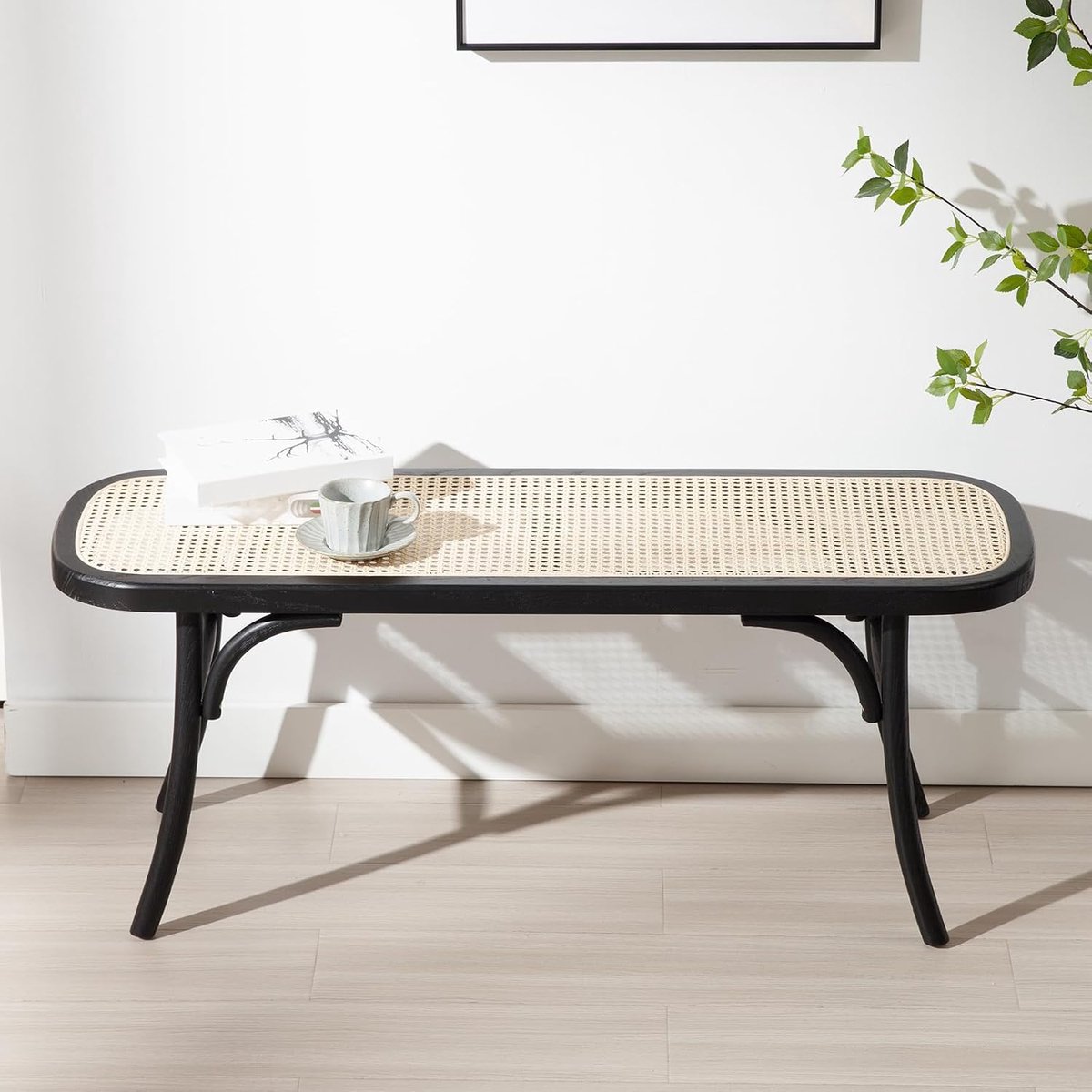 Modern Rotan Ottomaan Gangbank Voetenbank met Houten Poten, Keukenbank voor Eetkamer, Zwart