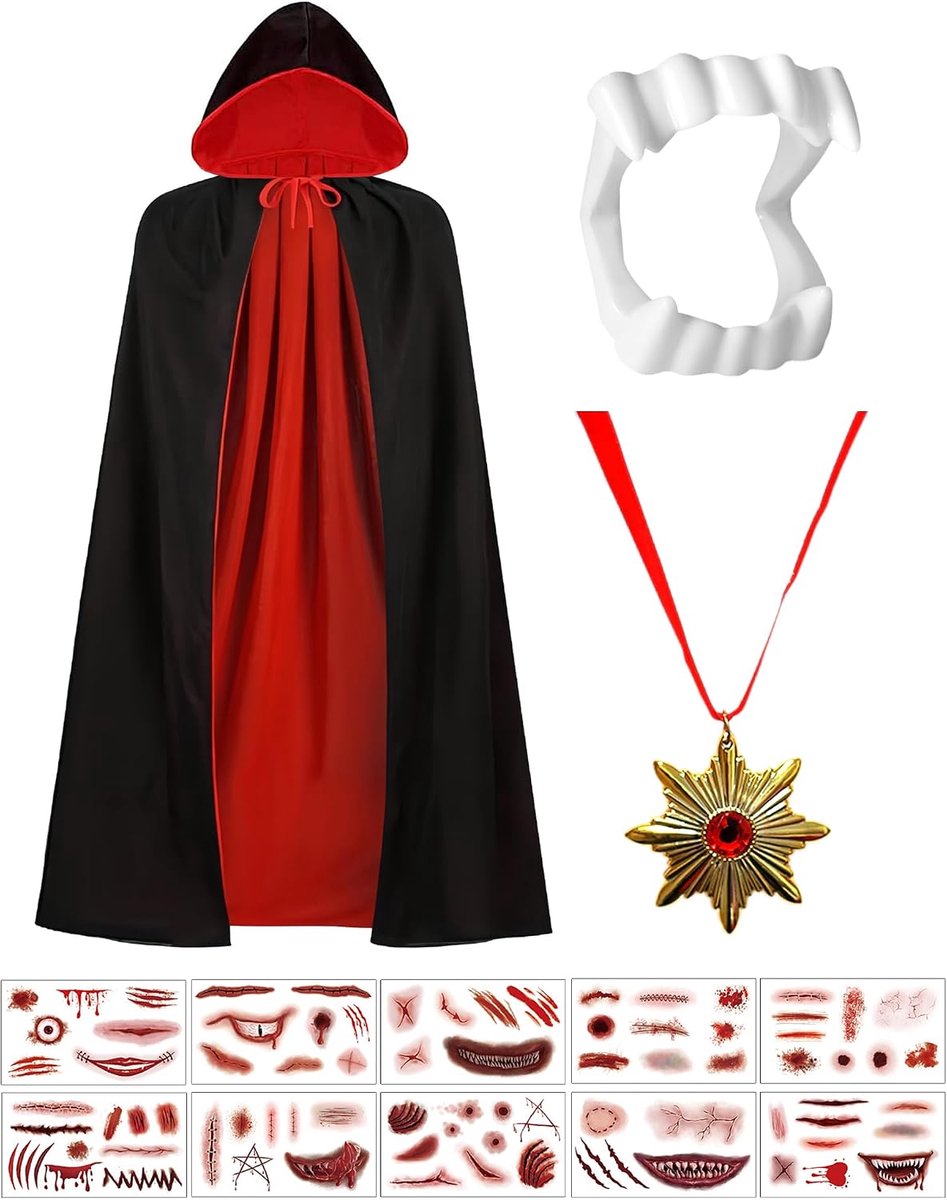 Costume Kids 4 PCS Set, Vampire Cape with Reversible Hooded Cape, Teeth, Necklace, Suitable for Halloween and Fancy Dress Parties