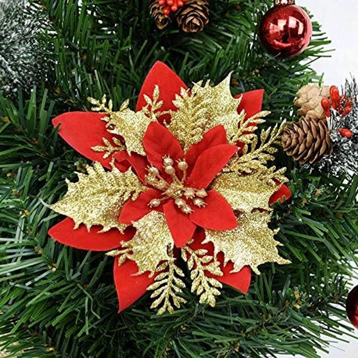 Kunstkerstboom 5 stks Glitter Artificial Christmas Flowers Xmas Tree Decorations Ornamenten Merry Christmas Decoratie for thuis Nieuwjaar Gift (Color : Red)