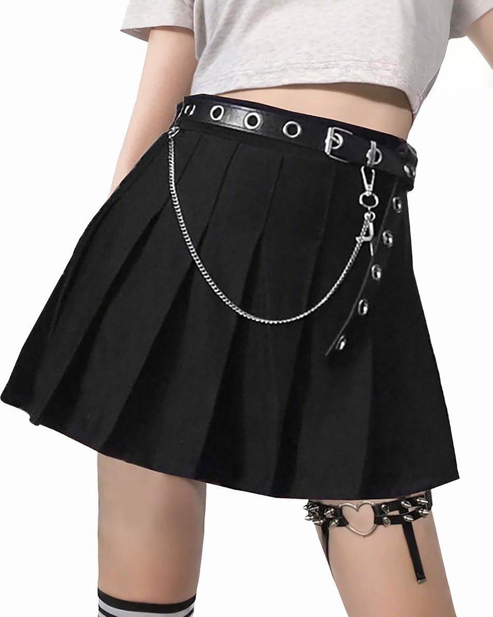 Minirok voor dames, zwart, plooirok, gothic, kleding, mini-rok, zomerrok met riem en ketting