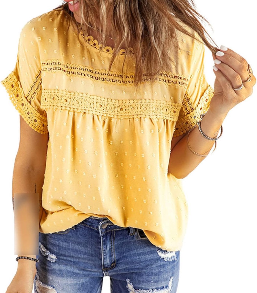 Vrouwen zomer ronde hals Pullover korte mouw kant top, Geel, L