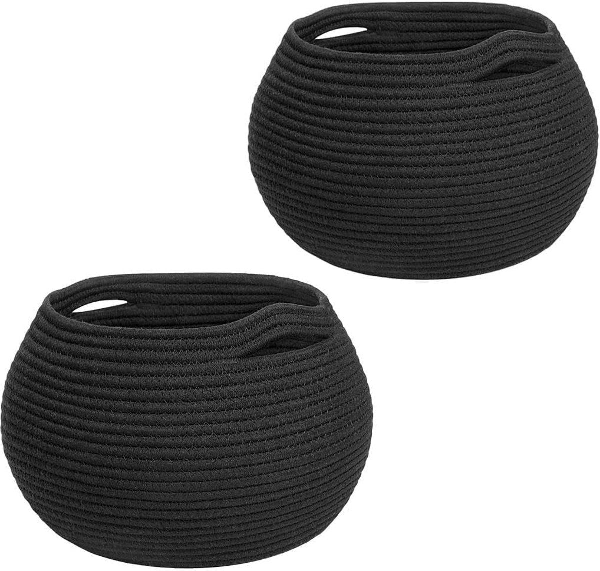 Gevlochten mand van katoenen touw, gevlochten met handgrepen, rond, geschikt voor woonkamer, slaapkamer, kantoor, badkamer, 2 stuks (zwart)