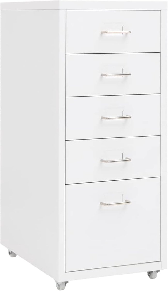 Dossierkast met 5 laden, kantoorkast, wielen, rolcontainer, ladekast, metalen kast voor kantoor, woonkamer en werkkamer, wit, 28 x 41 x 69 cm, metaal