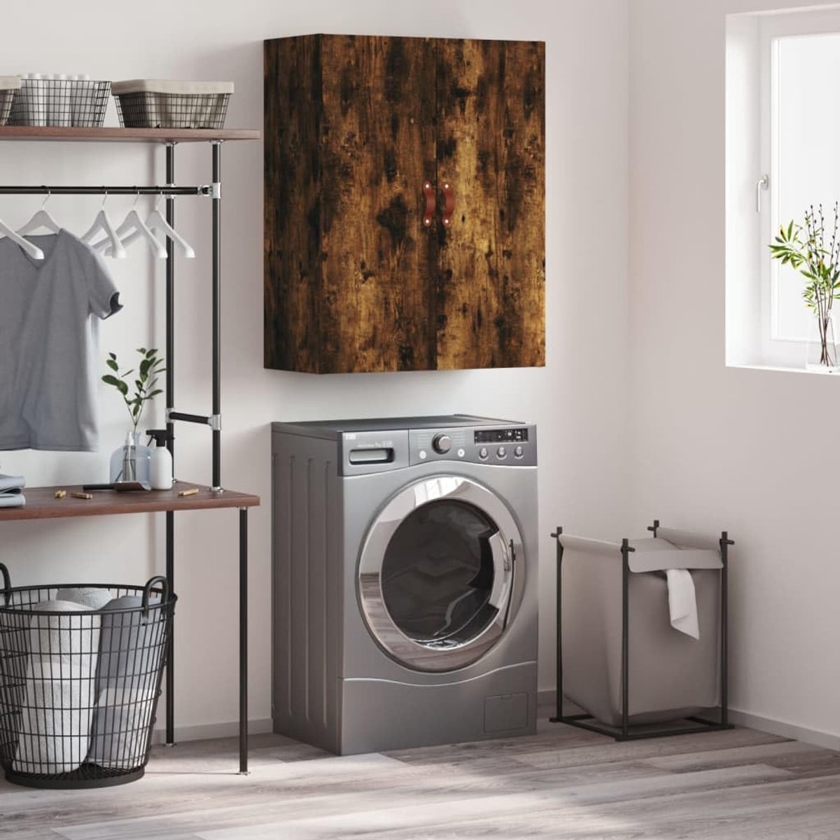 Rookeiken, 69,5 x 34 x 90 cm, hangkast, houtmateriaal, opbergruimte, wandmontage, bijzetkast, zweefkast voor woonkamer, slaapkamer, werkkamer met elegant