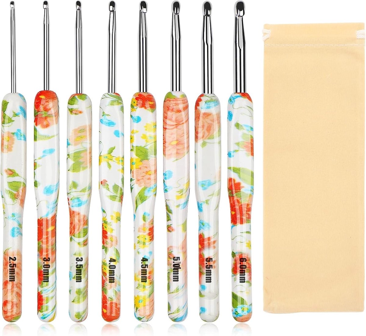 Haaknaaldenset voor beginners, 8 stuks, ergonomische haaknaalden, kunststof handvat, breigereedschap, aluminium haaknaalden, met tas (geel)