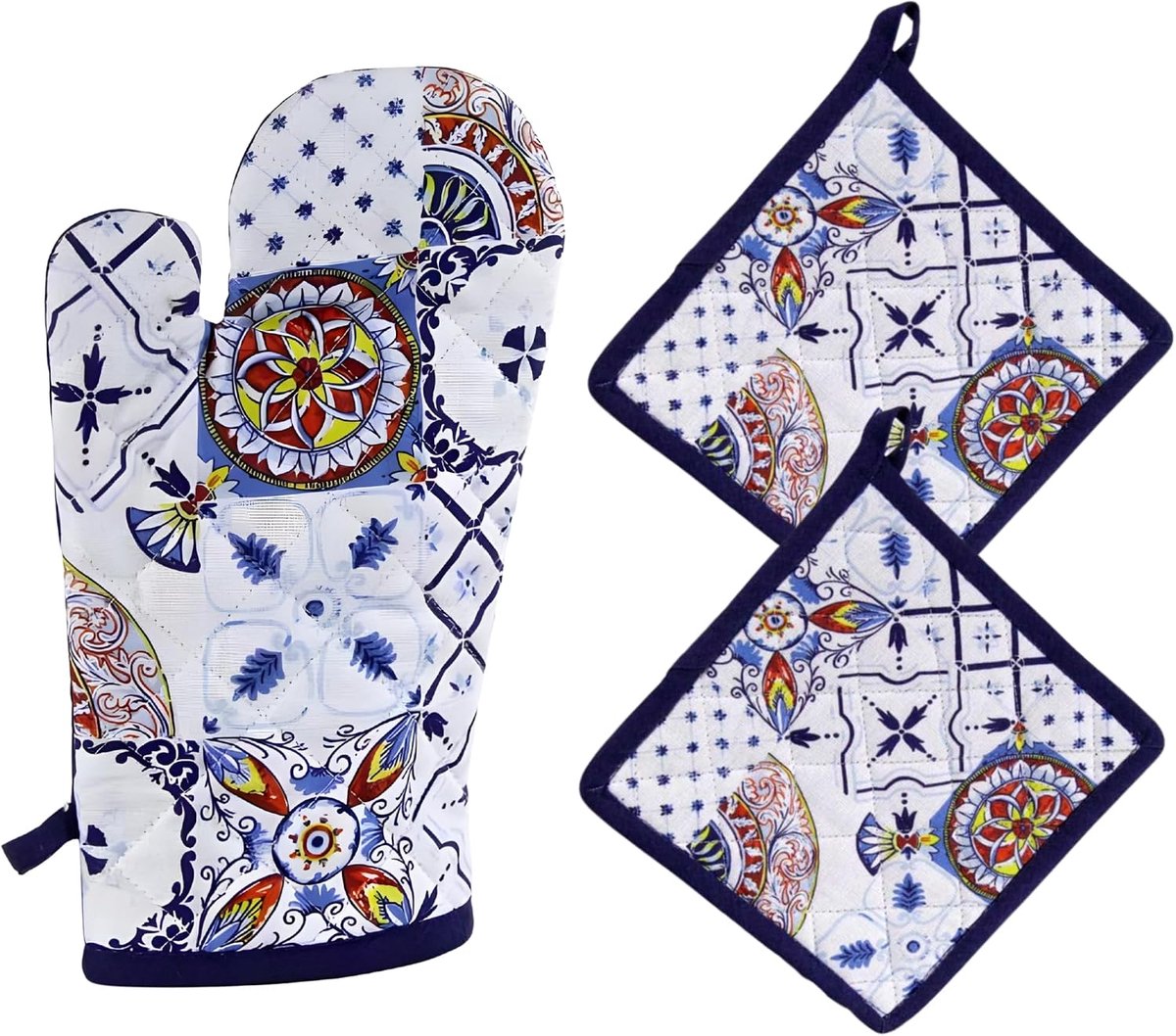 Pannenlappen en ovenwant van katoen, keukenhandschoenen plus 2 pannenlappen met decoratief patroon, ovenwant 32 x 18 cm, pannenlappen 20 x 20 cm