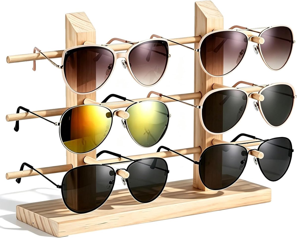 Dailygoods - Zonnebrillenstandaard - Houten Brillenhouder - Antislip - 6 paar - Organizer voor Thuis en Optische Winkel - Handig en Stijlvol