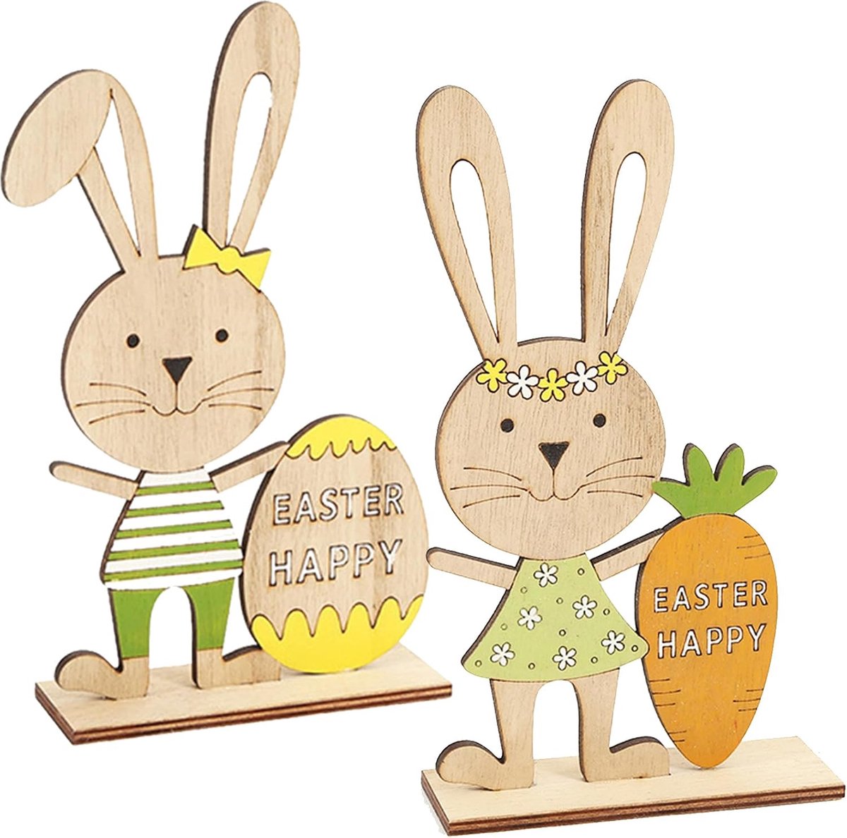 Dailygoods- Paashaas Houten Figuren - 2 Stuks - Bloemendecoratie - Tuindecoratie - Tafeldecoratie - 19 cm - Natuurlijk Hout - Paasdecoratie
