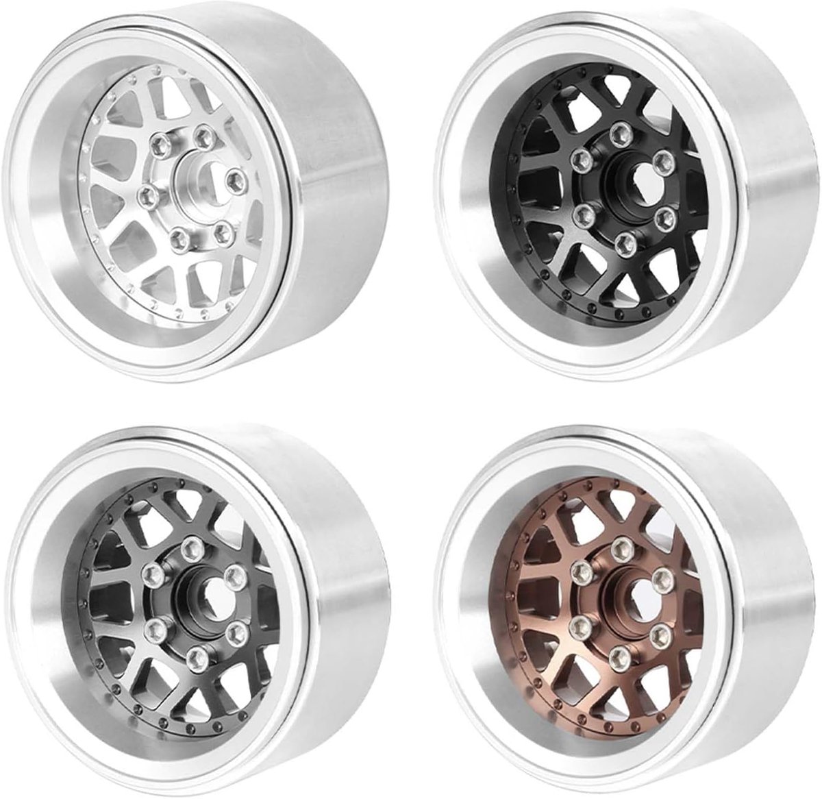 4 stuks 1,9 Beadlock velgen, indrukdiepte -10 mm metalen wielen voor Axial SCX10 TRX4 TRX6 D90 VS4-10 Redcat Gen 8 1/10 RC Crawler auto (zilver)