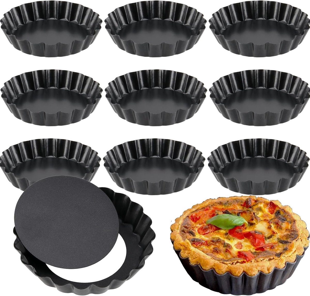 Dailygoods- Quichepan 10 cm - 10 Stuks - Niet-klevend - Losse Bodem - Hoogwaardig Koolstofstaal - Duurzaam en Optimaal Bakresultaat - Taartvorm