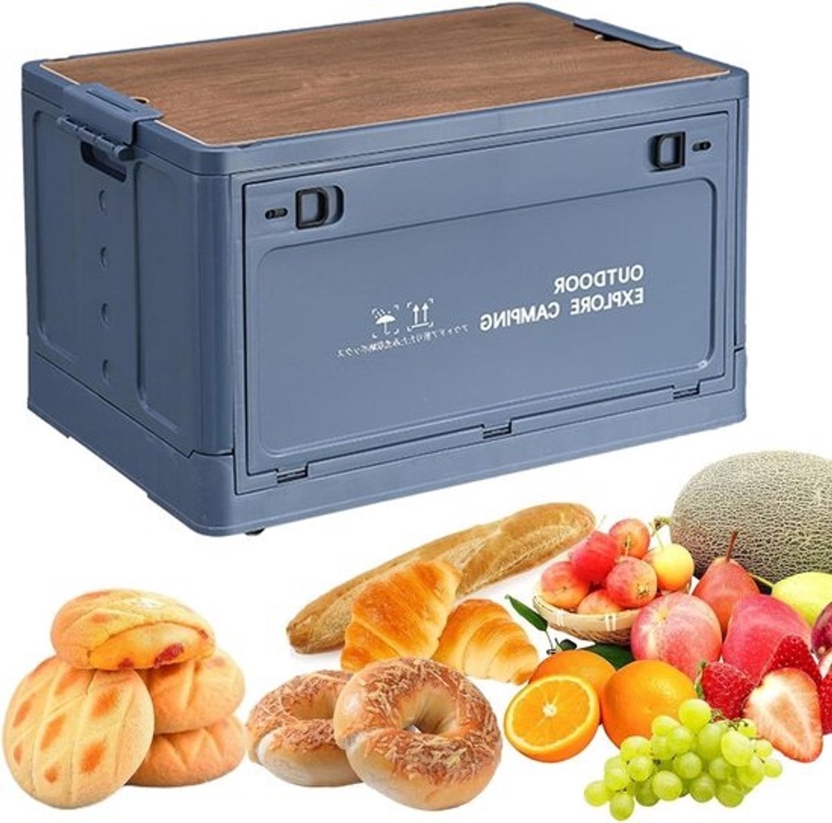 Opvouwbare Opbergbakken - Camping Opbergdoos - Buitenopslag - Houten Deksel - 30L - Haze Blue