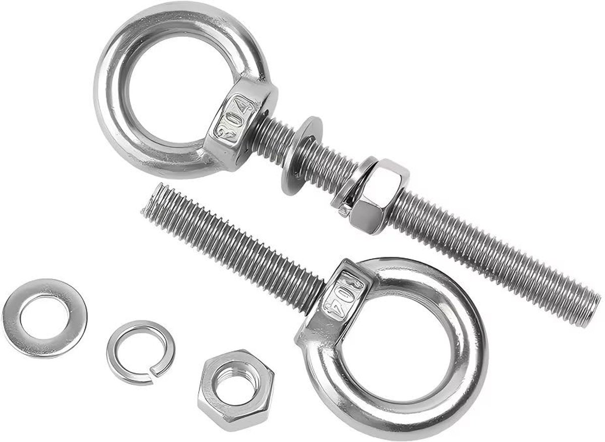 Dailygoods- Ringschroef M8 x 70 mm - Oogbout/Schroef - Zeskantmoeren - Borgringen - Platte Sluitringen - Roestvrij Staal 304