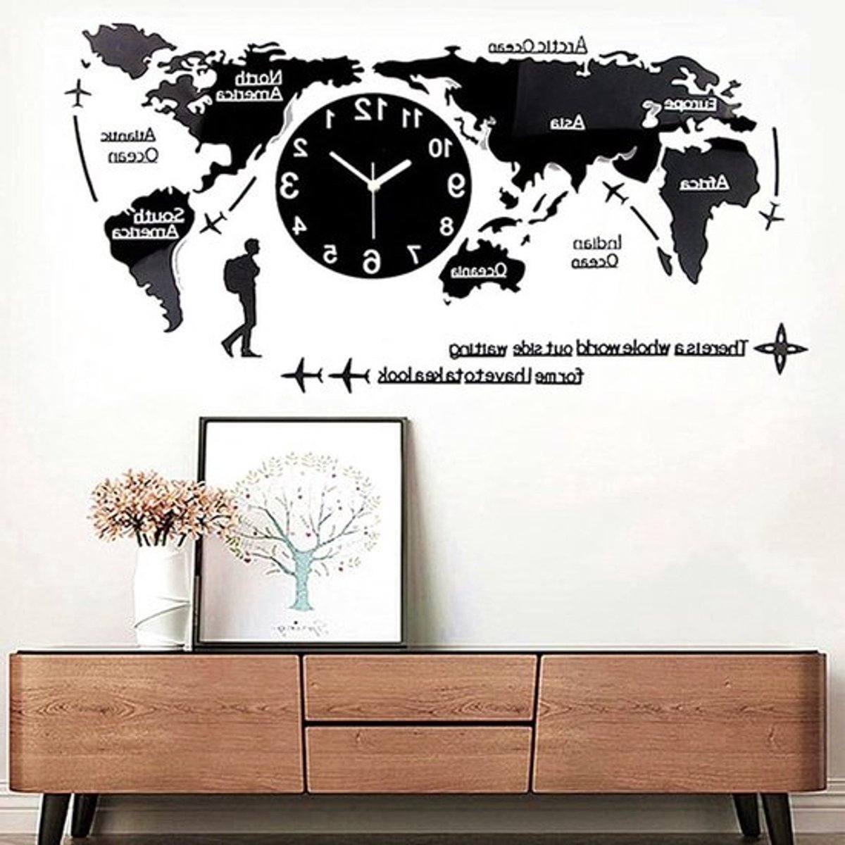 Wereldkaart Wandklok - Decoratieve Klok - Woonkamer Decoratie - Stille Beweging - 100 x 48 cm - Zwart
