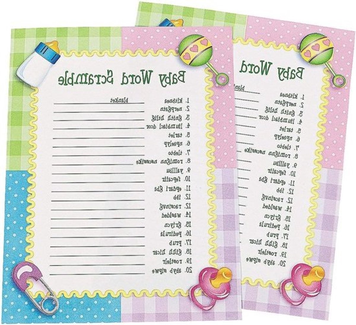 Babydouche Spel - Woord Puzzel - Feest Activiteit - 20 Verschillende Woorden - 24 Vel - Roze