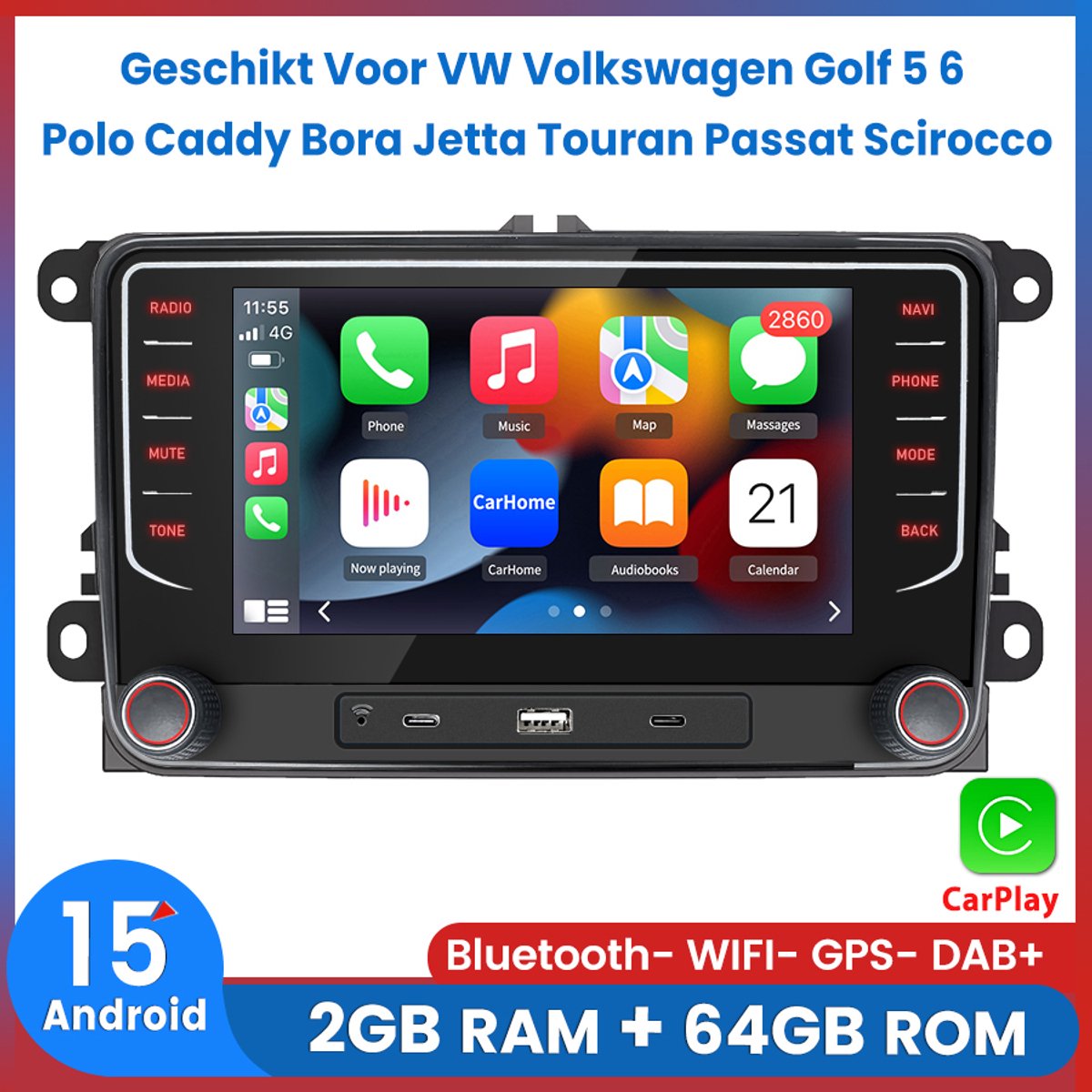 Awesafe Android 15.0 Autoradio - Geschikt Voor VW Volkswagen Golf 5 6 Polo Caddy Bora Jetta Touran Passat Scirocco - Draadloos Apple Carplay Android Auto - Ram 2GB + Rom 64GB - 7 inch HD Touchscreen - GPS Navigatie Bluetooth Wifi USB Type/C