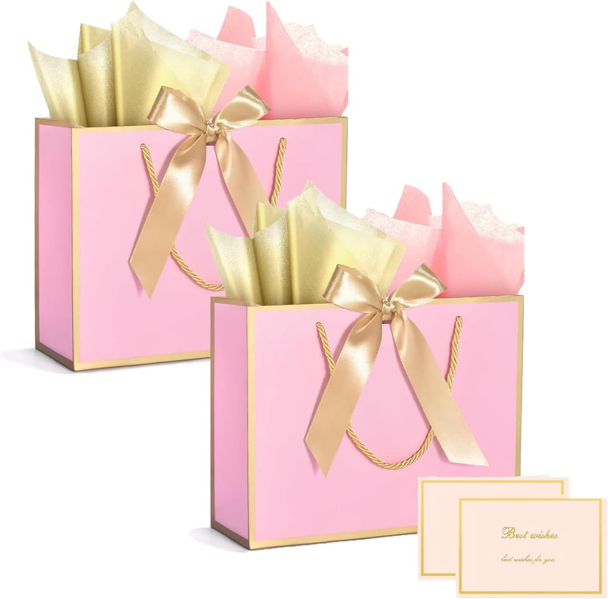 2 stuks middelgrote geschenkzakjes met tissuepapier en wenskaarten voor cadeau, papieren geschenkzakken met handgrepen en striklint voor bruiloft, verjaardag, babyshower, bruidsmeisjefeest (roze, goud