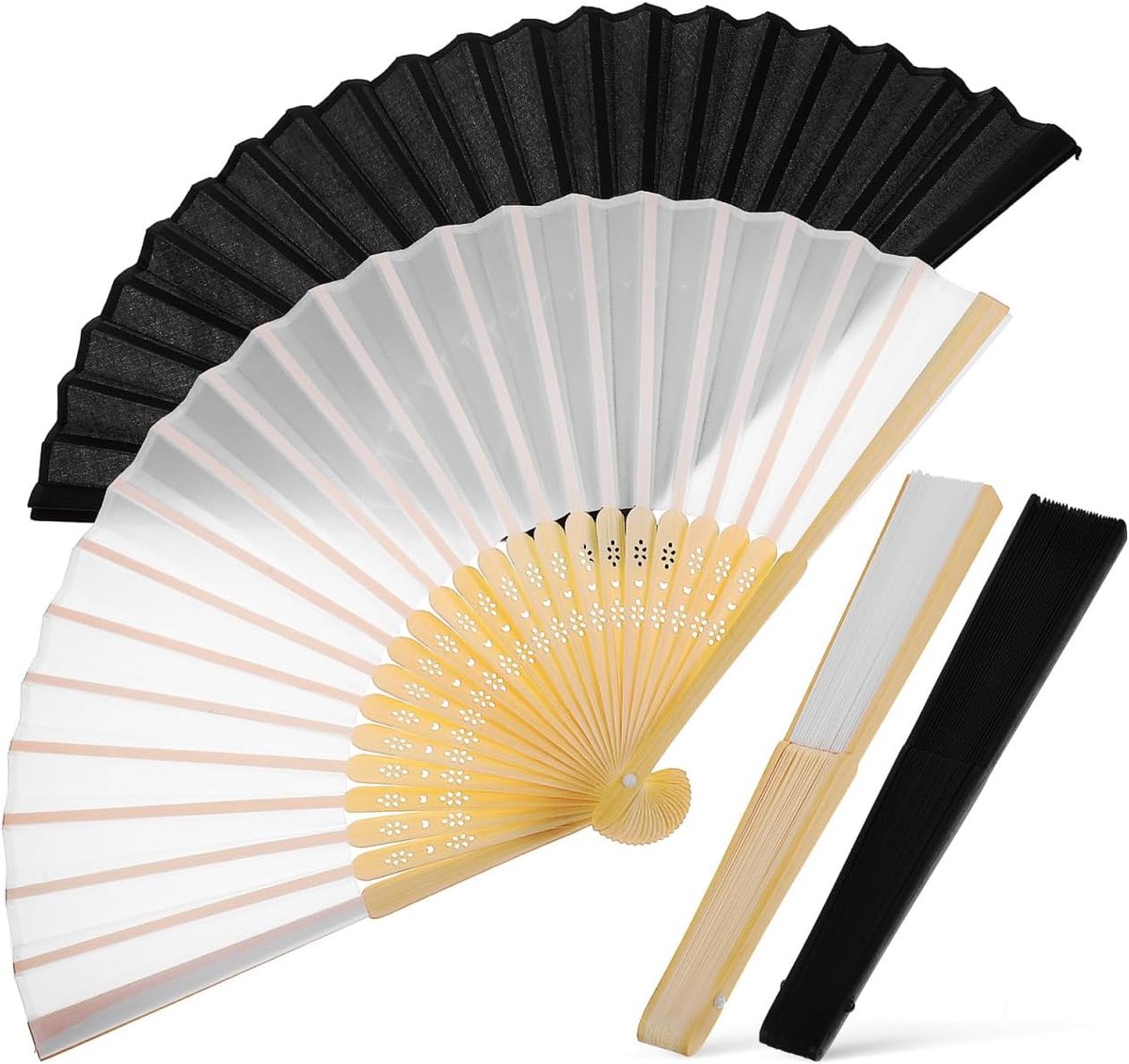 Set van 4 opvouwbare handwaaiers van bamboe en zijde, Chinese stijl, lichte satijnen waaiers voor dames en heren, feest- en podiumaccessoires