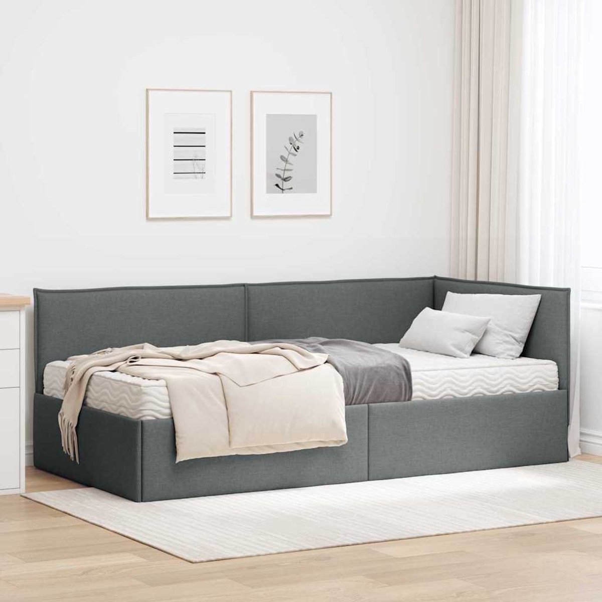 vidaXL Hoekbedframe - met - Matras - 2 - st - Donkergrijs - 90 - x - 190 - cm - Fluweel