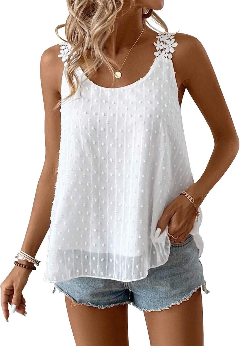 Tanktop voor dames, zomer, boho, blouse, mouwloos, ronde hals, bloemen, elegant, vloeiend, casual, kant, outfits