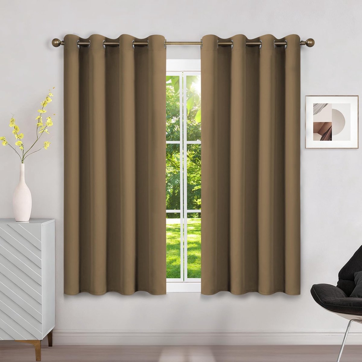 verduisteringsgordijn, isolerend, tegen kou, 120 x 140 cm (b x h), 2 stuks, ondoorzichtig, taupe, bruin, met oogjes, hittebescherming, uv-bescherming, lawaai, voor binnen, decoratie