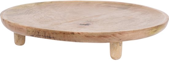 Rond houten decoratie plateau op drie korte pootjes.