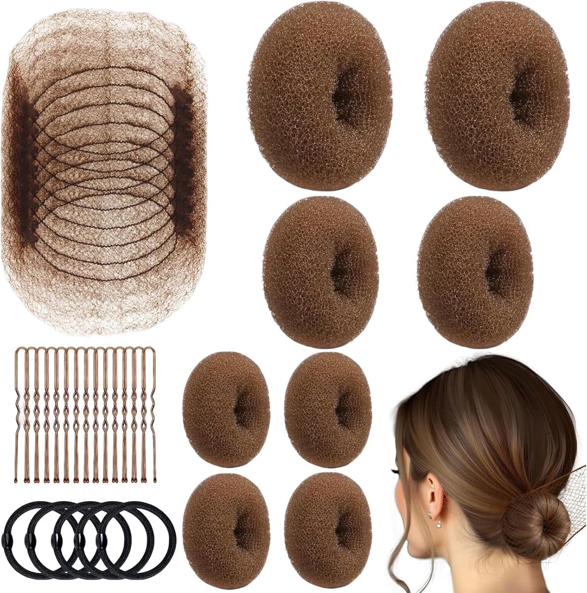 63 stuks haarspelden donut set 9/8/6 cm, lichtbruin